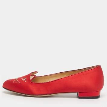 Pre Owned Charlotte Olympia Red Satin Cheeky Kitty Ballet Flats Size 38