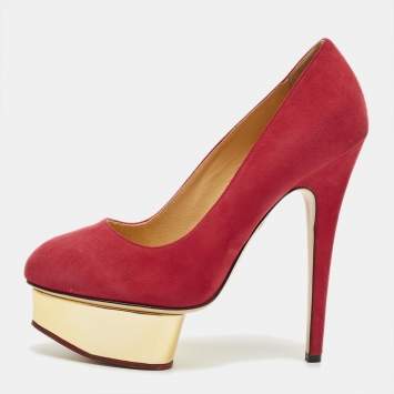 Pre Owned Charlotte Olympia Red Suede Dolly Platform Pumps Size 37