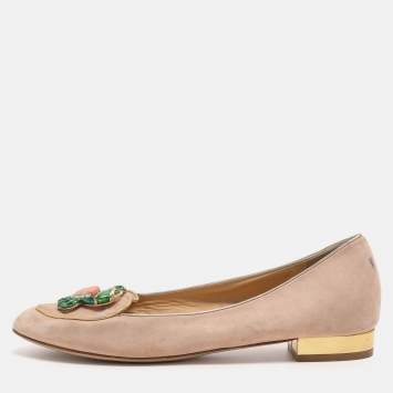 Pre Owned Charlotte Olympia Beige Suede Birthday Zodiac Cancer Ballet Flats Size 39
