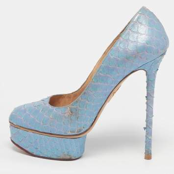 Pre Owned Charlotte Olympia Dolly Size 37 Blue Python Platform Pumps