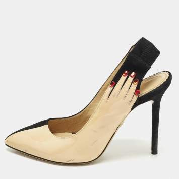 Pre Owned Charlotte Olympia Size 36 Beige/Black Patent Leather and Suede Slingback Pumps