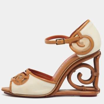 Pre Owned Charlotte Olympia Size 38 Cream/Brown Leather Net Peep Toe Wedge Pumps