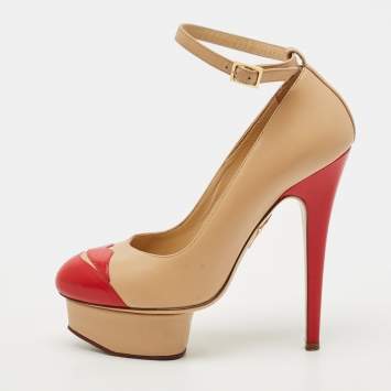 Pre Owned Charlotte Olympia Kiss Me Dolores! Size 36 Beige Leather Platform Pumps