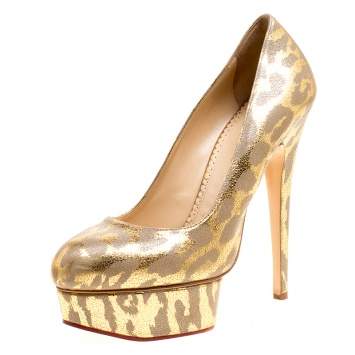 Pre Owned Charlotte Olympia Grey/Gold Leather Platform Pumps Size 38