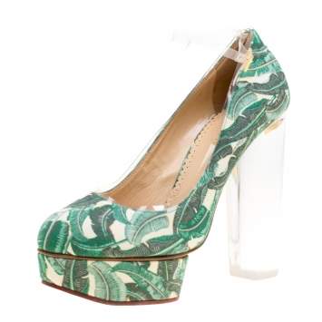 Pre Owned Charlotte Olympia Green Leaves Printed Canvas and PVC Mabel Platform Pumps Size 39
