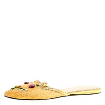Pre Owned Charlotte Olympia Beige Mesh Kitsch Kitty Sequin Flat Slides Size 40 