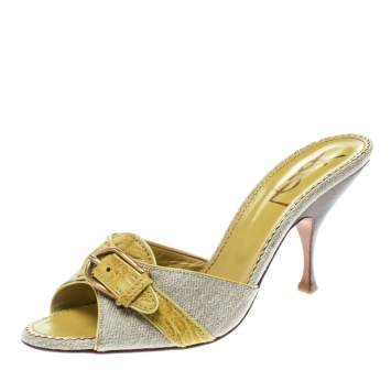 Pre Owned Saint Laurent Paris Lime Green/Beige Leather and Canvas Buckle Details Slide Sandals Size 41
