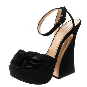 Pre Owned Charlotte Olympia Black Suede Vreeland Ankle Strap Platform Sandals Size 37.5