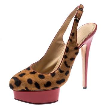 Pre Owned Charlotte Olympia Brown Leopard Pony Hair Slingback Platform Sandals Size 40
