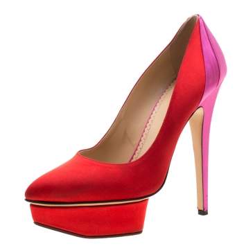 مملوكة مسبقًا Charlotte Olympia Red/Pink Satin Masako Platform Pumps Size 39