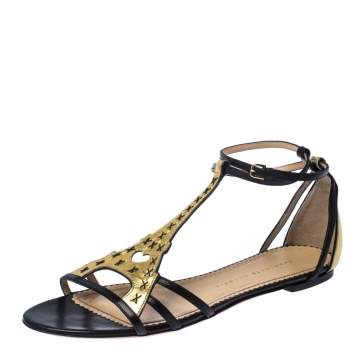 Pre Owned Charlotte Olympia Black/Gold Leather Parisienne Eiffel Tower Flat Sandals Size 41