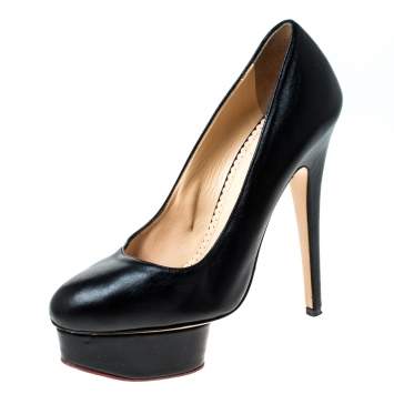 Pre Owned Charlotte Olympia Black Leather Dolly Platform Pumps Size 38
