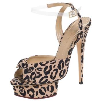 Pre Owned Charlotte Olympia Beige Leopard Print Fabric Bow Platform Ankle Strap Sandals Size 39.5