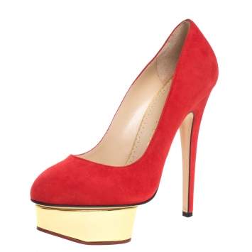 مملوكة مسبقًا Charlotte Olympia Red Suede Dolly Platform Pumps Size 37
