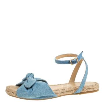 Pre Owned Charlotte Olympia Blue Denim Fabric Marina Knot Ankle Strap Flat Sandals Size 35