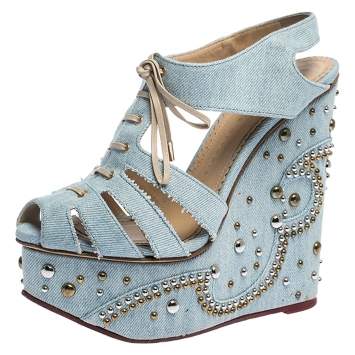 Pre Owned Charlotte Olympia Blue Denim Studded Cut Out Wedge Platform Sandals Size 37