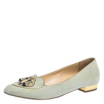 Pre Owned Charlotte Olympia Lime Green Suede Gemini Smoking Slippers Size 41