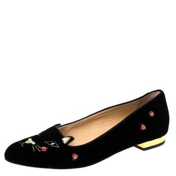 Pre Owned Charlotte Olympia Black Velvet Lucky Kitty Ladybug Embellished Flats Size 40.5