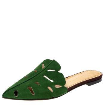 Pre Owned Charlotte Olympia Green Suede Verdant Flat Mules Size 36