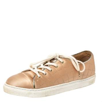 Pre Owned Charlotte Olympia Peach Satin Web Low Top Sneakers Size 37