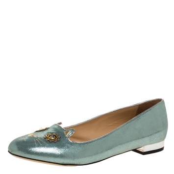 Pre Owned Charlotte Olympia Light Blue Glitter Nubuck Kitty Ballet Flats Size 41