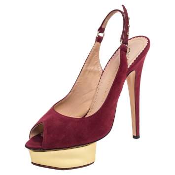 Pre Owned Charlotte Olympia Maroon Suede Slingback Peep Toe Platform Pumps Size 38