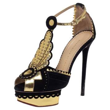 Pre Owned Charlotte Olympia Metallic Gold/Black Leather and Suede Sunset Ankle Strap Platform Sandals Size 36