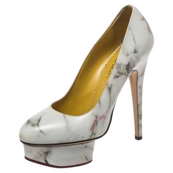 Pre Owned Charlotte Olympia White/Grey Marble-Print Leather Dolly Platform Pumps Size 37