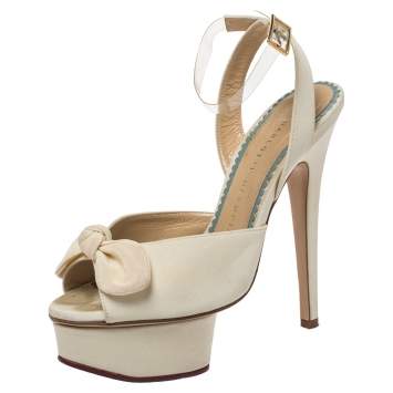 Pre Owned Charlotte Olympia Cream Satin Bridal Edition Serena Bow Platform Sandals Size 35