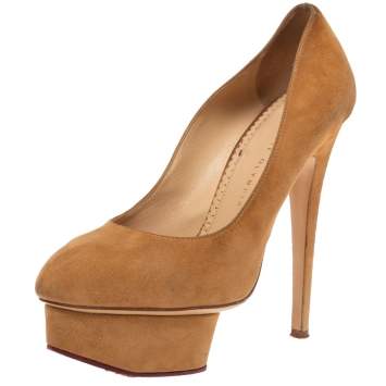 Pre Owned Charlotte Olympia Beige Suede Sundace Dolly Wheat Fringe Platform Pump Size 38