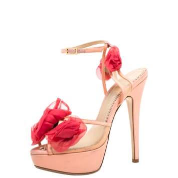 Pre Owned Charlotte Olympia Peach/Pink Satin and Mesh Pomeline Rose Peep Toe Platform Sandals Size 36