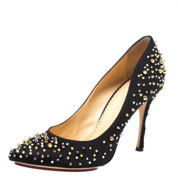 Pre Owned Charlotte Olympia Black Satin Studded Pointed Toe Pumps Size 40.5