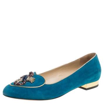 Pre Owned Charlotte Olympia Blue Suede Scorpio Smoking Slippers Size 37.5