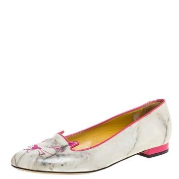 Pre Owned Charlotte Olympia Light Grey/Pink Marble Leather Kitty Flats Size 41