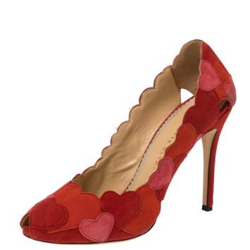 Pre Owned Charlotte Olympia Red/Pink Suede Love Me Heart-Appliquéd Pumps Size 38