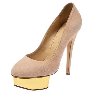 Pre Owned Charlotte Olympia Light Beige Suede Dolly Platform Pump Size 35.5