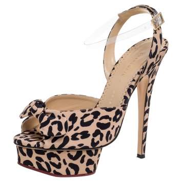 Pre Owned Charlotte Olympia Beige Leopard Print Satin Serena Bow Ankle Strap Platform Sandals Size 38.5