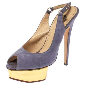 Pre Owned Charlotte Olympia Lilac Suede Slingback Peep Toe Platform Sandals Size 38