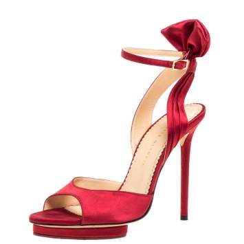 Pre Owned Charlotte Olympia Red Satin Wallace Ankle Strap Sandals Size 38