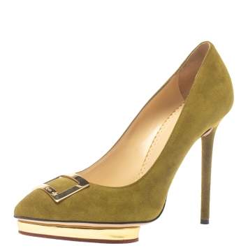 Pre Owned Charlotte Olympia Green Suede Dotty Platform Pumps Size 37.5