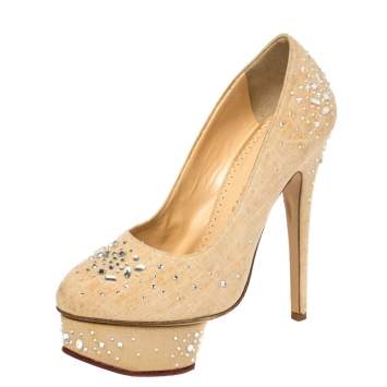 Pre Owned Charlotte Olympia Beige Canvas Crystal Embellished Dolly Platform Pumps Size 36.5