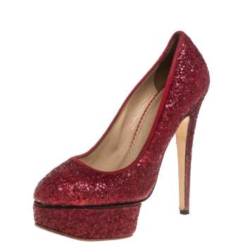 Pre Owned Charlotte Olympia Red Glitter Priscilla Platform Pumps Size 38.5