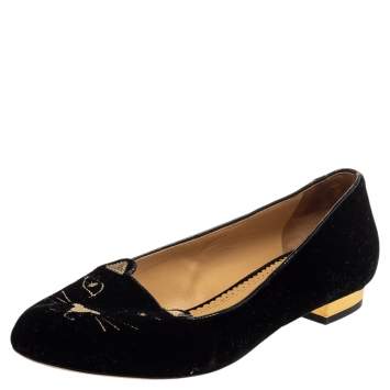 Pre Owned Charlotte Olympia Black Velvet Kitty Ballet Flats Size 38