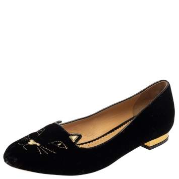 Pre Owned Charlotte Olympia Black Velvet Kitty Slip On Flats Size 39