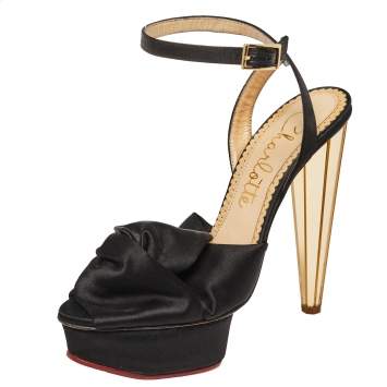 Pre Owned Charlotte Olympia Black Satin Serena  Ankle Strap Sandals Size 37