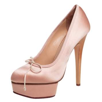 Pre Owned Charlotte Olympic Pink Satin Platform Pumps Size 37.5