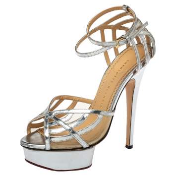 Pre Owned Charlotte Olympia Silver Leather Octavia Platform Ankle Strap Sandals Size 38