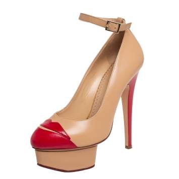 Pre Owned Charlotte Olympia Beige Leather Kiss Me Dolores! Pumps Size 35