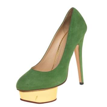 Pre Owned Charlotte Olympia Green Suede Dolly Platform Pumps Size 36.5