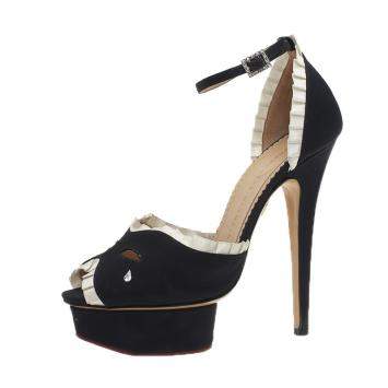 Pre Owned Charlotte Olympia Black Satin Masquerade Ankle Strap Platform Sandals Size 38
